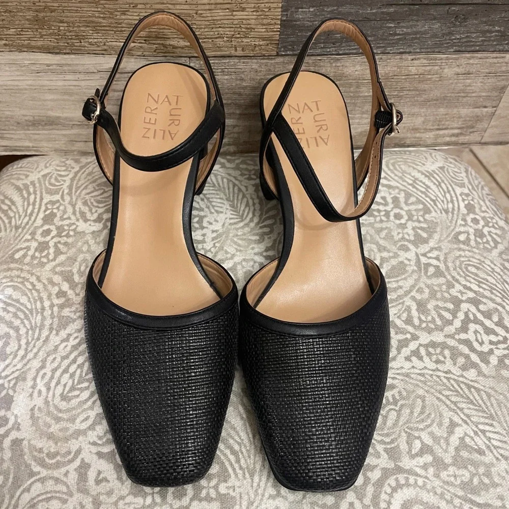 Naturalizer Wave Black Woven Square Toe Ankle Strap Block Heel Shoes Women's 9M - Picture 1 of 8
